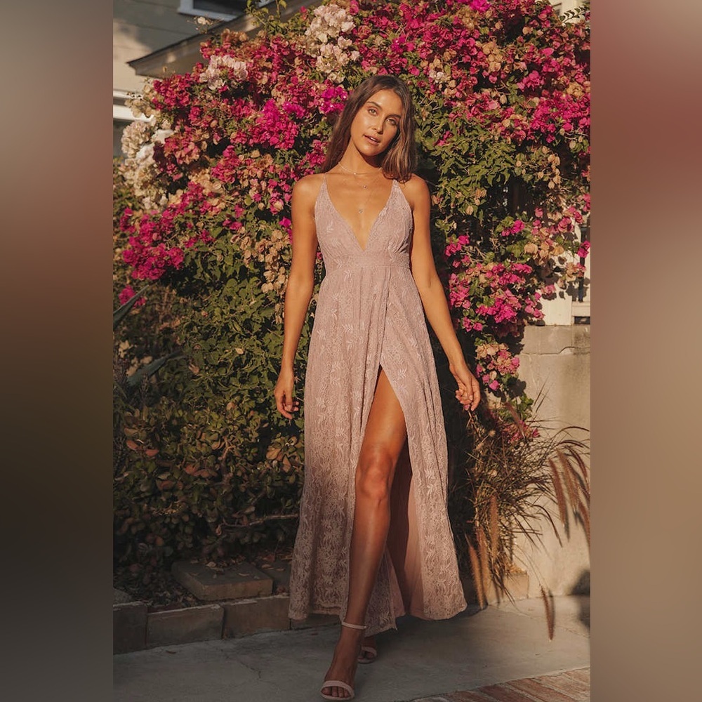 Lulus Stolen Moments Lace Maxi Dress Size Large Dusty Pink Sleeveless Front Slit